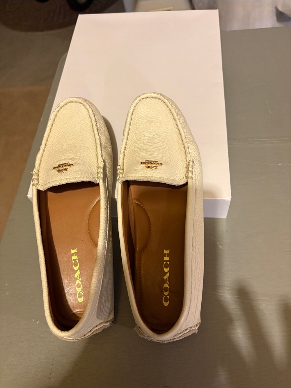 Coach Cream Leather Moccasin Loafers with Gold Logo
